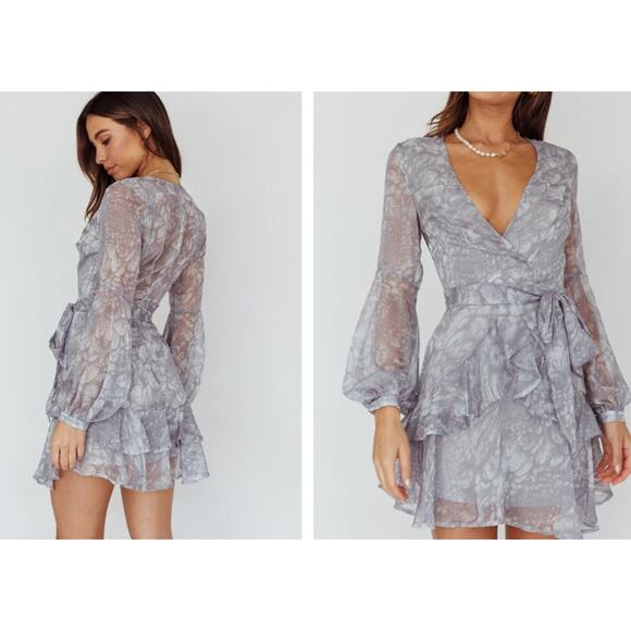 Princess Polly Kerry Layered Balloon Sleeve Dress Grey Size 2 - Picture 1 of 10